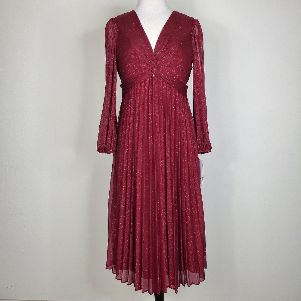 Maison Tara Knot Bodice Glitter Mesh Midi Dress Sheer Sleeve Accordion Pleat